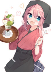Rule 34 | 1girl, :d, apron, black apron, blue eyes, cellphone, commentary request, grey skirt, hair between eyes, head scarf, heart, highres, holding, holding spoon, holding tray, japanese clothes, kagamihara nadeshiko, kimono, long hair, long sleeves, open mouth, parfait, phone, pink hair, pleated skirt, red kimono, simple background, skirt, smile, solo, spoon, tray, waist apron, wari (nirodo26), white background, wide sleeves, yurucamp