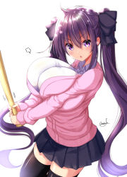 Rule 34 | 1girl, baseball bat, blush, bow, breasts, cardigan, cleavage, hair bow, highres, huge breasts, long hair, mokufuu, open mouth, original, pleated skirt, purple eyes, purple hair, skirt, solo, sweater, thighhighs, twintails, zettai ryouiki