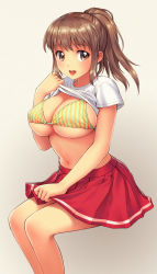 Rule 34 | 1girl, arm up, bra, breasts, brown eyes, brown hair, clothes lift, commentary request, covering privates, covering crotch, hand in lap, highres, large breasts, looking at viewer, navel, open mouth, original, pleated skirt, ponytail, poripori, red skirt, shirt, shirt lift, short hair, short sleeves, sitting, skirt, solo, stomach, swimsuit, underboob, underwear, white shirt