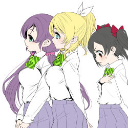 3girls aqua_eyes arms_behind_back ayase_eli black_hair blue_eyes bow bowtie breast_envy breasts closed_mouth collared_shirt commentary diagonal-striped_bow diagonal-striped_bowtie diagonal-striped_clothes dress_shirt flat_chest from_side green_bow green_bowtie hair_bow hand_on_own_chest high_ponytail large_breasts long_hair long_sleeves love_live! love_live!_school_idol_project low_twintails medium_hair multiple_girls no_jacket otonokizaka_school_uniform plaid_clothes plaid_skirt pleated_skirt ponytail profile purple_hair purple_skirt red_bow red_eyes school_uniform shinanoya_(satanicad) shirt sidelocks sideways_mouth simple_background skirt smile striped_clothes sweatdrop tojo_nozomi twintails v_arms very_long_hair white_background white_shirt winter_uniform yazawa_nico