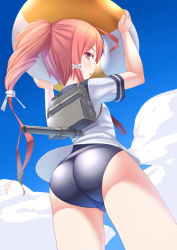 Rule 34 | 10s, 1girl, arms up, ass, blush, from behind, hair ribbon, i-168 (kancolle), innertube, kantai collection, long hair, looking at viewer, looking back, meian, myouan, one-piece swimsuit, personification, ponytail, red eyes, red hair, ribbon, school swimsuit, school uniform, serafuku, shiny clothes, solo, swim ring, swimsuit, swimsuit under clothes