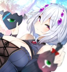 Rule 34 | 1girl, bag, bat wings, blurry, bow, breasts, cleavage, closed mouth, depth of field, dutch angle, green eyes, grey hair, hair ornament, heart, highres, holding, holding bag, large breasts, looking at viewer, original, outdoors, pink eyes, red bow, short hair, silk, smile, solo, spider web, tousen, tree, upper body, valentine, virtual youtuber, wings