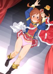 Rule 34 | 1girl, aijou karen, artist request, blush, boots, breasts, brown eyes, brown hair, closed mouth, clothes lift, crown, falling, highres, indoors, legs, panties, pink panties, short hair, shoujo kageki revue starlight, skirt, skirt lift, small breasts, solo, tagme, underwear