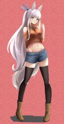 Rule 34 | 1girl, absurdres, animal ear fluff, animal ears, arknights, arm behind back, bare shoulders, blunt bangs, boots, breasts, brown eyes, brown footwear, closed mouth, clothing cutout, commentary request, crop top, denim, denim shorts, fox ears, fox tail, full body, groin, hair tie, high heel boots, high heels, highres, hitsuji no rice, horse girl, large breasts, long hair, looking up, midriff, navel, orange sweater, patterned background, pink background, platinum (arknights), playing with own hair, ponytail, shadow, short shorts, shorts, shoulder cutout, sidelocks, skindentation, solo, standing, sweater, tail, thighhighs, turtleneck, turtleneck sweater, very long hair, white hair