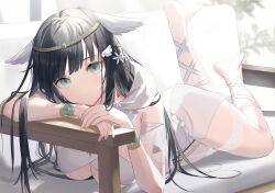 Rule 34 | 1girl, absurdres, acusoy12, amano nene (vtuber), arm garter, black hair, bracelet, breasts, circlet, cleavage, commentary, couch, english commentary, garter straps, green eyes, hanging breasts, head rest, head wings, highres, hood, hood down, indoors, jewelry, lace, lace-trimmed thighhighs, large breasts, leg ribbon, long hair, looking at viewer, lying, no shoes, official alternate costume, on couch, on stomach, production kawaii, ribbon, second-party source, see-through, see-through skirt, see-through sleeves, showgirl skirt, skirt, sling bikini top, solo, the pose, thighhighs, virtual youtuber, white garter straps, white skirt, white thighhighs, wing hair ornament, wings