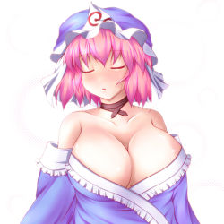Rule 34 | 1girl, bare shoulders, blush, breasts, cleavage, closed eyes, female focus, highres, japanese clothes, large breasts, mellpon, off shoulder, pink hair, saigyouji yuyuko, short hair, simple background, solo, touhou, triangular headpiece