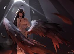 Rule 34 | 1girl, absurdres, albedo (overlord), black background, black hair, black wings, closed mouth, demon girl, dress, elbow gloves, feathered wings, gloves, hair between eyes, highres, horns, long hair, low wings, overlord (maruyama), slit pupils, solo, standing, white dress, white gloves, wings, yellow eyes