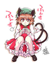 Rule 34 | :3, animal ears, black footwear, bow, bowtie, brown eyes, brown hair, cat ears, cat tail, chen, closed mouth, dress, earrings, green hat, hat, jewelry, long sleeves, looking at viewer, mob cap, multiple tails, nekomata, red dress, short hair, signature, simple background, smile, socks, solo, squatting, tail, touhou, two tails, umigarasu (kitsune1963), v-shaped eyebrows, white background, white bow, white bowtie, white sleeves, white socks