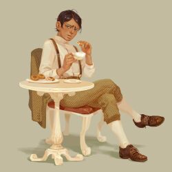 Rule 34 | 1boy, blue eyes, brown footwear, brown hair, brown jacket, brown pants, chair, chengongzi123, collared shirt, crossed legs, cup, dark-skinned male, dark skin, food, full body, golden kamuy, green background, hands up, highres, holding, holding cup, holding food, jacket, koito otonoshin, looking at viewer, male focus, open mouth, pants, plate, shirt, short hair, simple background, sitting, solo, suspenders, table, unworn jacket