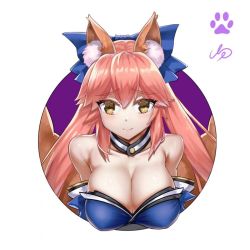 Rule 34 | 1girl, animal ear fluff, animal ears, artist request, bare shoulders, blue kimono, blue ribbon, blush, breasts, cleavage, detached sleeves, fang, fate/extella, fate/extra, fate/extra ccc, fate/grand order, fate (series), fox, fox ears, fox girl, fox tail, hair ribbon, japanese clothes, kimono, large breasts, looking at viewer, multiple tails, pink hair, ribbon, solo, tail, tamamo (fate), tamamo no mae (fate/extra), yellow eyes