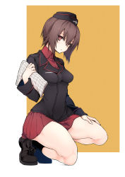 Rule 34 | 10mo, 1girl, black socks, boots, breasts, brown eyes, brown hair, girls und panzer, hat, highres, kneeling, looking at viewer, military, military hat, military uniform, nishizumi maho, parted lips, pleated skirt, school uniform, short hair, skirt, socks, solo, uniform
