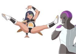 Rule 34 | 1girl, absurdres, armor, ass, blush, body switch, boots, breasts, brown eyes, cameltoe, dragon ball, dragonball z, frieza, green-tinted eyewear, grin, highres, ijiranaide nagatoro-san, kchic99, legs up, long hair, looking at another, nagatoro hayase, open mouth, personality switch, saiyan armor, scouter, smile, tail, teeth, thighs, tinted eyewear, white background