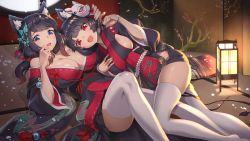Rule 34 | 2girls, animal ears, azur lane, bare shoulders, black hair, black kimono, black sash, blue eyes, blush, breasts, butterfly hair ornament, cat ears, cleavage, commentary request, fang, finger to mouth, fusou (azur lane), hair ornament, hand on another&#039;s head, hand on own chest, highres, indoors, japanese clothes, kimono, lamp, large breasts, long hair, looking at viewer, lying, mask, mask on head, multiple girls, obi, off shoulder, on back, on floor, on side, open mouth, paw pose, petals, red eyes, ribbon trim, saruchitan, sash, short hair, sideboob, smile, thighhighs, white legwear, wide sleeves, yamashiro (azur lane)
