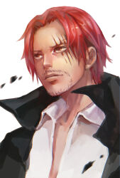 1boy beard_stubble black_cape cape closed_mouth commentary_request dywx_poison facial_hair male_focus mustache_stubble one_piece orange_eyes red_hair scar scar_across_eye scar_on_face shanks_(one_piece) shirt short_hair solo stubble white_shirt