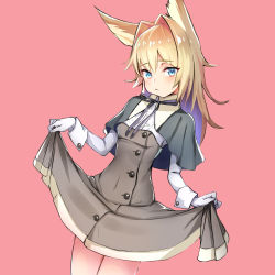Rule 34 | 1girl, :/, animal ears, blue eyes, blush, breasts, capelet, closed mouth, clothes lift, colored inner hair, copyright request, cowboy shot, dress, dress lift, fox ears, gloves, grey capelet, grey dress, grey ribbon, hair intakes, kagawa ichigo, legs together, long hair, looking at viewer, multicolored hair, neck ribbon, original, pink background, purple hair, ribbon, simple background, skirt hold, small breasts, solo, white gloves, wrist cuffs