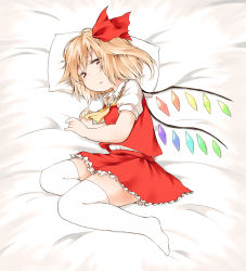 Rule 34 | 1girl, ascot, blonde hair, flandre scarlet, hair ribbon, looking at viewer, lying, nanana (chicken union), no headwear, no headwear, no shoes, on side, pillow, puffy sleeves, red eyes, ribbon, shirt, short sleeves, side ponytail, skirt, skirt set, solo, thighhighs, touhou, vest, white thighhighs, wings, zettai ryouiki