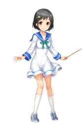 Rule 34 | 1girl, arms at sides, black hair, blue sailor collar, bow, breasts, brown eyes, closed mouth, dog hair ornament, dress, drumsticks, green bow, grey footwear, hair ornament, hairpin, highres, irodorimidori, kneehighs, long sleeves, looking at viewer, official art, ono minae, sailor collar, sailor dress, shoes, short hair, small breasts, smile, sneakers, socks, solo, standing, transparent background, white dress, white socks