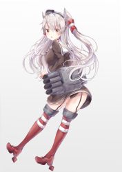 Rule 34 | 1girl, absurdres, amatsukaze (kancolle), bad id, bad pixiv id, black dress, black panties, blush, brown eyes, dress, full body, garter straps, gradient background, hair between eyes, hair tubes, highres, kantai collection, long hair, long sleeves, machinery, open mouth, panties, red thighhighs, sa-ya2, sailor dress, silver hair, solo, thighhighs, torpedo, two side up, underwear