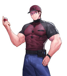 Rule 34 | 1boy, belt, belt bag, blue eyes, courier (pokemon), creatures (company), denim, feet out of frame, game freak, hand on own hip, hat, jeans, jin (sirius-j), male focus, manly, mature male, muscular, muscular male, nintendo, pants, pectorals, poke ball, pokemon, pokemon sv, shirt, simple background, smile, solo, thick arms, thick eyebrows, tight clothes, white background