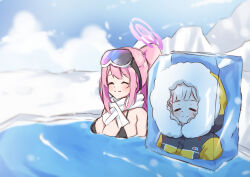 Rule 34 | 2girls, absurdres, bikini, black bikini, blue archive, breasts, cleavage, closed eyes, closed mouth, eimi (blue archive), eimi (swimsuit) (blue archive), frozen, fur-trimmed jacket, fur trim, gevuxx, goggles, goggles on head, halo, highres, himari (blue archive), ice, jacket, large breasts, long hair, multiple girls, official alternate costume, partially submerged, pink hair, ponytail, sidelocks, smile, swimsuit, upper body, very long hair, water, white hair, yellow jacket