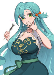 Rule 34 | 1girl, aqua dress, aqua hair, bow, braid, breasts, censored, censored food, chloe (fire emblem), cleavage, commentary request, dress, earrings, fire emblem, fire emblem engage, gonzarez, green eyes, green sash, hair between eyes, hair bow, hands up, highres, holding, jewelry, large breasts, long hair, looking at viewer, mosaic censoring, nintendo, official alternate costume, orange bow, sash, short sleeves, smile, solo, upper body, very long hair