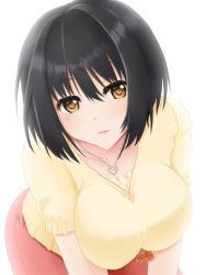 Rule 34 | 10s, 1girl, bad id, bad pixiv id, black hair, bob cut, breasts, heart, heart necklace, highres, idolmaster, idolmaster cinderella girls, jewelry, large breasts, necklace, open mouth, short hair, simple background, smile, solo, takafuji kako, white background, yellow eyes