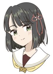 Rule 34 | 1girl, black hair, blush, bob cut, closed mouth, commentary request, cropped shoulders, green eyes, hair ornament, hasu no sora school uniform, highres, link! like! love live!, llkapital, looking at viewer, love live!, momose ginko, neckerchief, sailor collar, school uniform, short hair, solo, upper body, virtual youtuber, white background, white sailor collar, winter uniform, yellow neckerchief