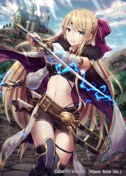 Rule 34 | 1girl, armored boots, belt, belt buckle, black panties, black thighhighs, blonde hair, blue eyes, blue footwear, boots, bow, breasts, brown belt, brown skirt, buckle, castle, cloud, copyright name, crop top, day, detached sleeves, dual wielding, fantasy, floating hair, gabiran, hair bow, highleg, highleg panties, holding, holding sword, holding weapon, long hair, long sleeves, looking at viewer, medium breasts, midriff, miniskirt, navel, outdoors, panties, parted lips, pencil skirt, purple bow, shinkai no valkyrie, skirt, sky, solo, standing, stomach, sunlight, sword, thigh boots, thigh strap, thighhighs, underwear, very long hair, weapon, white sleeves