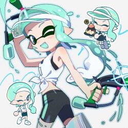Rule 34 | 1girl, aqua hair, bare shoulders, bike shorts, black shorts, blue eyes, chibi, chibi inset, closed eyes, commentary, dot nose, dual wielding, eyelashes, food, gradient hair, gun, hg swdiary, highres, holding, holding gun, holding plate, holding weapon, inkling, inkling girl, inkling player character, long hair, looking at viewer, multicolored hair, multiple views, nintendo, one eye closed, open mouth, plate, pointy ears, print shirt, see-through headwear, shirt, shorts, simple background, sleeveless, sleeveless shirt, smile, sparkle, splat dualies (splatoon), splatoon (series), splatoon 3, symbol-only commentary, teeth, tentacle hair, visor cap, weapon, white background, white shirt