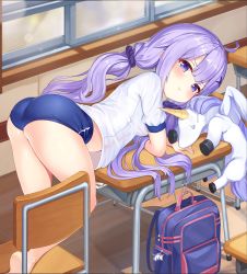 Rule 34 | 1girl, 2drr, :t, ahoge, ass, azur lane, backpack, bag, bare legs, barefoot, blue buruma, blush, breasts, buruma, chair, closed mouth, commentary request, day, desk, fingernails, gym shirt, gym uniform, hair ornament, hair scrunchie, hairclip, highres, indoors, long hair, looking at viewer, low twintails, on desk, pout, purple eyes, purple hair, purple scrunchie, school chair, school desk, scrunchie, see-through, shirt, small breasts, soles, solo, stuffed animal, stuffed toy, stuffed winged unicorn, twintails, unicorn (azur lane), very long hair, white shirt, window, x hair ornament