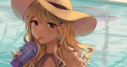 Rule 34 | 1girl, bad id, bad twitter id, bikini, blonde hair, blue nails, blush, braid, brown eyes, bubble tea, collarbone, commentary, copyright request, drinking straw, drinking straw in mouth, earrings, gijang, hair between eyes, half updo, hat, idolmaster, izumi mei, jewelry, looking at viewer, medium hair, nail polish, neck ring, pool, portrait, reflection, reflective water, solo, straw, sun hat, swimsuit, water