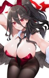 Rule 34 | 1girl, animal ears, between breasts, black hair, black necktie, black pantyhose, black wings, blue archive, breasts, cleavage, detached collar, fake animal ears, hair between eyes, halo, hasumi (blue archive), highres, large breasts, leotard, long hair, looking at viewer, low wings, mole, mole on breast, mole under eye, necktie, necktie between breasts, pantyhose, playboy bunny, ponytail, rabbit ears, red eyes, red halo, red leotard, simple background, solo, toramin (tora min ), white background, wings