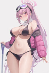 Rule 34 | 1girl, bikini, black bikini, blue archive, blush, breasts, cleavage, cowboy shot, eimi (blue archive), eimi (swimsuit) (blue archive), goggles, goggles on head, groin, halo, highres, jacket, large breasts, long hair, me meel, navel, official alternate costume, open clothes, open jacket, parted lips, pink eyes, pink hair, pink halo, pink jacket, simple background, solo, swimsuit, very long hair, white background