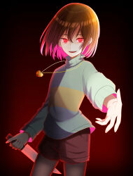 Rule 34 | 1other, absurdres, androgynous, backlighting, black background, black pantyhose, bob cut, brown hair, brown shorts, chara (undertale), colored inner hair, commentary, constricted pupils, cowboy shot, floating hair, floating neckwear, foreshortening, glowing, glowing eyes, gold necklace, gradient background, green sweater, hair between eyes, heart, heart necklace, highres, holding, holding knife, holding weapon, jewelry, kitchen knife, knife, locket, long sleeves, looking at viewer, multicolored hair, necklace, pantyhose, parted lips, pendant, pink hair, reaching, reaching towards viewer, red background, red eyes, short hair, shorts, single horizontal stripe, smile, solo, standing, sweater, teeth, turtleneck, turtleneck sweater, two-tone hair, undertale, upper teeth only, weapon, yandere, yuupontan.