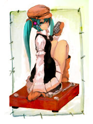 Rule 34 | 1girl, aqua eyes, aqua hair, boots, female focus, gloves, gradient background, hat, hatsune miku, highres, long hair, looking back, microphone, phonograph, skirt, smile, so-bin, solo, twintails, vocaloid