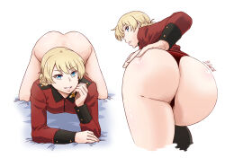 Rule 34 | 1girl, all fours, artist name, bed sheet, blonde hair, blue eyes, bottomless, braid, commentary request, cropped legs, darjeeling (girls und panzer), foreshortening, from behind, girls und panzer, hand on own arm, hand on own ass, highres, jacket, looking back, military, military jacket, military uniform, no pants, on bed, panties, parted lips, red jacket, red panties, satou yasu, short hair, signature, smile, solo, st. gloriana&#039;s military uniform, standing, thong, underwear, uniform, white background