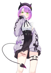 Rule 34 | 1girl, 3ki9709, absurdres, beret, blouse, cardigan, casual, demon tail, ear piercing, earrings, frills, green eyes, hair ornament, hairclip, hat, high-waist skirt, highres, hololive, jacket, jacket partially removed, jewelry, leg tattoo, o-ring, o-ring thigh strap, official alternate costume, piercing, pointy ears, purple hair, shirt, short hair, simple background, skirt, sleeves past wrists, solo, tail, tail ornament, tail piercing, tattoo, thigh strap, tokoyami towa, virtual youtuber, white background