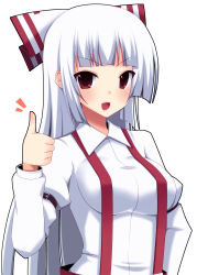 Rule 34 | 1girl, bad id, bad pixiv id, blush, bow, breasts, female focus, fujiwara no mokou, hair bow, hand on own hip, highres, hip focus, long hair, nase, open mouth, pants, red eyes, silver hair, simple background, smile, solo, suspenders, thumbs up, touhou, very long hair, white background