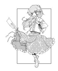 Rule 34 | 1girl, blackheart, detached sleeves, female focus, frog hair ornament, full body, gohei, greyscale, hair ornament, holding, kochiya sanae, long hair, long sleeves, looking at viewer, monochrome, nontraditional miko, oonusa, simple background, skirt, solo, touhou, vest, white background