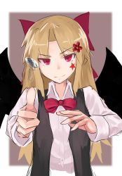 Rule 34 | 1girl, bat girl, bat wings, black vest, blonde hair, border, bow, bowtie, brown background, closed mouth, coin, collared shirt, commentary request, elis (touhou), facial mark, flower, hair bow, hair flower, hair ornament, highres, kamiya ueshi, long hair, long sleeves, open clothes, open vest, red bow, red bowtie, red eyes, red flower, shirt, simple background, smile, star (symbol), touhou, touhou (pc-98), two-tone background, upper body, v-shaped eyebrows, very long hair, vest, white border, white shirt, wings