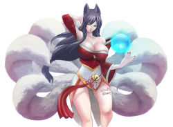 Rule 34 | 1girl, adjusting hair, ahri (league of legends), animal ears, artist name, bad id, bad pixiv id, bare shoulders, bell, black hair, breasts, cleavage, covered erect nipples, facial mark, fox ears, fox tail, highres, huge breasts, korean clothes, large breasts, league of legends, legs, long hair, multiple tails, one3four!, orb, panties, pantyshot, simple background, solo, tail, tattoo, thighs, underwear, whisker markings, white background, yellow eyes