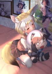 Rule 34 | 1girl, absurdres, akuma (st.takuma), alternate costume, animal ear fluff, animal ears, blonde hair, brown eyes, brown skirt, brown vest, character doll, commentary, common raccoon (kemono friends), hugging doll, extra ears, fennec (kemono friends), fox ears, fox girl, fox tail, highres, kemono friends, light particles, looking at viewer, multicolored hair, hugging object, pleated skirt, portrait (object), poster (object), school uniform, shirt, short hair, short sleeves, sitting, skirt, solo, tail, thighhighs, two-tone hair, vest, white hair, white shirt, white thighhighs