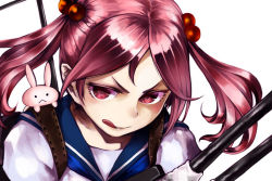 Rule 34 | 1girl, :&lt;, backpack, bag, bcrow, blue sailor collar, rabbit, cannon, close-up, hair bobbles, hair ornament, kantai collection, machinery, pink eyes, pink hair, sailor collar, sazanami (kancolle), school uniform, serafuku, short hair, simple background, solo, turret, twintails, upper body, white background