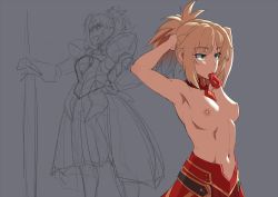 Rule 34 | 1girl, armor, armpits, bare shoulders, blonde hair, breasts, commentary request, cowboy shot, detached collar, eyes visible through hair, fate/apocrypha, fate (series), female focus, green eyes, grey background, hair between eyes, medium breasts, medium hair, mikoyan, mordred (fate), mordred (fate/apocrypha), multiple views, navel, nipples, simple background, sketch, skirt, sleeveless, standing, stomach, topless