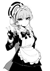 Rule 34 | 1girl, absurdres, apron, blue archive, bun cover, closed mouth, dress, fingerless gloves, frilled apron, frills, gloves, greyscale, hair bun, halo, highres, juliet sleeves, long sleeves, looking at viewer, maid, maid apron, maid headdress, monochrome, pepsi2330, puffy sleeves, short hair, simple background, single hair bun, solo, toki (blue archive), upper body, v, white background