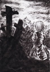 Rule 34 | 1girl, back, bad id, bad pixiv id, brush (medium), cross, female focus, grave, greyscale, highres, izayoi sakuya, knife, let (starlet 5mt), monochrome, moon, outdoors, sky, solo, throwing knife, touhou, traditional media, weapon