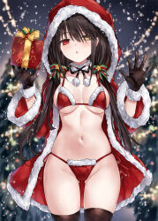 Rule 34 | 1girl, asle, bikini, black gloves, black hair, black thighhighs, blurry, blurry background, box, breasts, christmas, christmas lights, christmas tree, clock eyes, coat, commentary request, date a live, fur-trimmed bikini, fur-trimmed coat, fur collar, fur trim, gift, gift box, gloves, gluteal fold, hair between eyes, hands up, heterochromia, highres, holding, holding gift, hood, hood up, hooded coat, long hair, looking at viewer, low twintails, medium breasts, navel, night, open mouth, pom pom (clothes), red coat, red eyes, red gloves, santa bikini, side-tie bikini bottom, snowing, solo, swimsuit, symbol-shaped pupils, thighhighs, tokisaki kurumi, twintails, yellow eyes