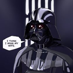 Rule 34 | 1boy, armor, black cape, cape, captoraart, commentary, darth vader, english commentary, english text, helmet, highres, invincible (series), male focus, scene reference, solo, speech bubble, star wars, upper body