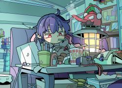 Rule 34 | 1girl, ahoge, binder, binder clip, bookshelf, box, bulletin board, camera, chopsticks, commentary request, couch, cup, file cabinet, flourescent light, heater, indoors, kettle, light purple hair, looking down, messy room, monitor, mouth hold, moyazou (kitaguni moyashi seizoujo), nissin cup noodle, no headwear, pencil, pencil sharpener, picture frame, pointy ears, reading, red eyes, shameimaru aya, short hair, sitting, solo, steam, table, tissue box, touhou, trash can