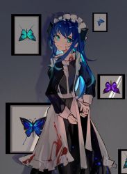 Rule 34 | 1girl, absurdres, adjusting clothes, alternate costume, apron, arknights, arms behind back, black dress, blood, blood on face, bloody apron, blue eyes, blue hair, demon horns, drawing (object), dress, enmaided, from behind, grey background, halo, highres, horns, long hair, looking at viewer, looking back, maid, maid headdress, mostima (arknights), no wings, picture frame, shadow, smile, solo, white apron, yingyingyingtazhide